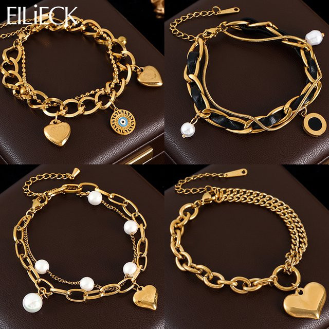 GANEMLY Armband, Edelstahl, Gold, Damen, Herz Charm - Bild 1