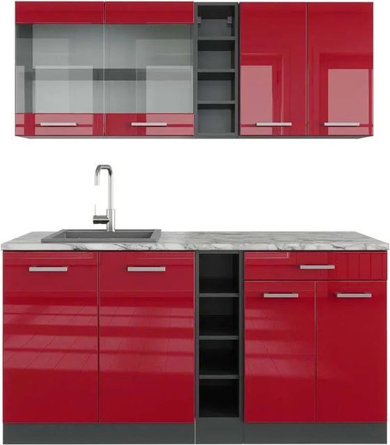 Vicco R-Line Singleküche Bordeaux Hochglanz und Anthrazit mit Marmor-Arbeitsplatte, Breite: 160 cm - Bild 1