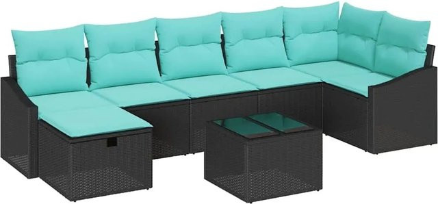 vidaXL 8-teiliges Gartenmöbel-Set aus Poly-Rattan in Schwarz-Blau mit L-Form, Ecksofa, Mittelsitzen, Armlehnenstühlen, Hocker, Gartentisch und Kissen inklusive Stauraum - Bild 1