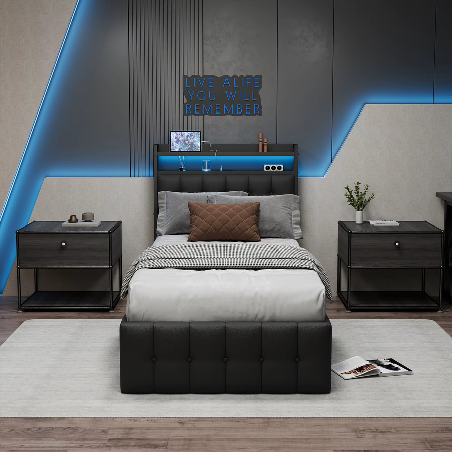 Anajqaqia Polsterbett mit hydraulischem Stauraum und Kopfteil mit Regal, Einzelbett in Schwarz, B/T: 90 x 200 cm - Bild 7