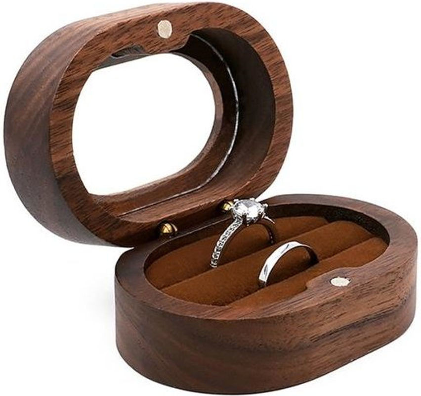 Wucifang Jewelry Verlobungsringbox aus Schwarznuss-Massivholz, ovaler Ringorganisator in Schwarz und Braun für Hochzeit und Heiratsantrag - Bild 1