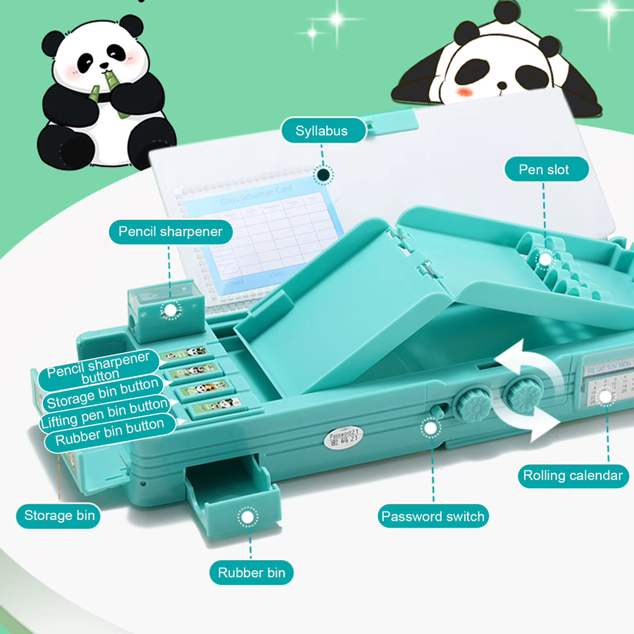 Panda Federmäppchen mit Passwortsperre für Kinder in Türkis mit Zahlenschloss und doppellagigem Design aus Kunststoff - Bild 3