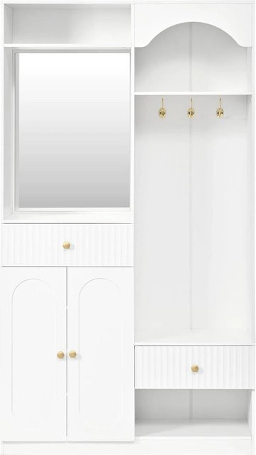 Merax Flurgarderobe Set in Weiß mit Spiegel, Schuhschrank, Sitzbank und LED-Beleuchtung, B/T/H: 180 x 50,15 x 35 cm - Bild 1
