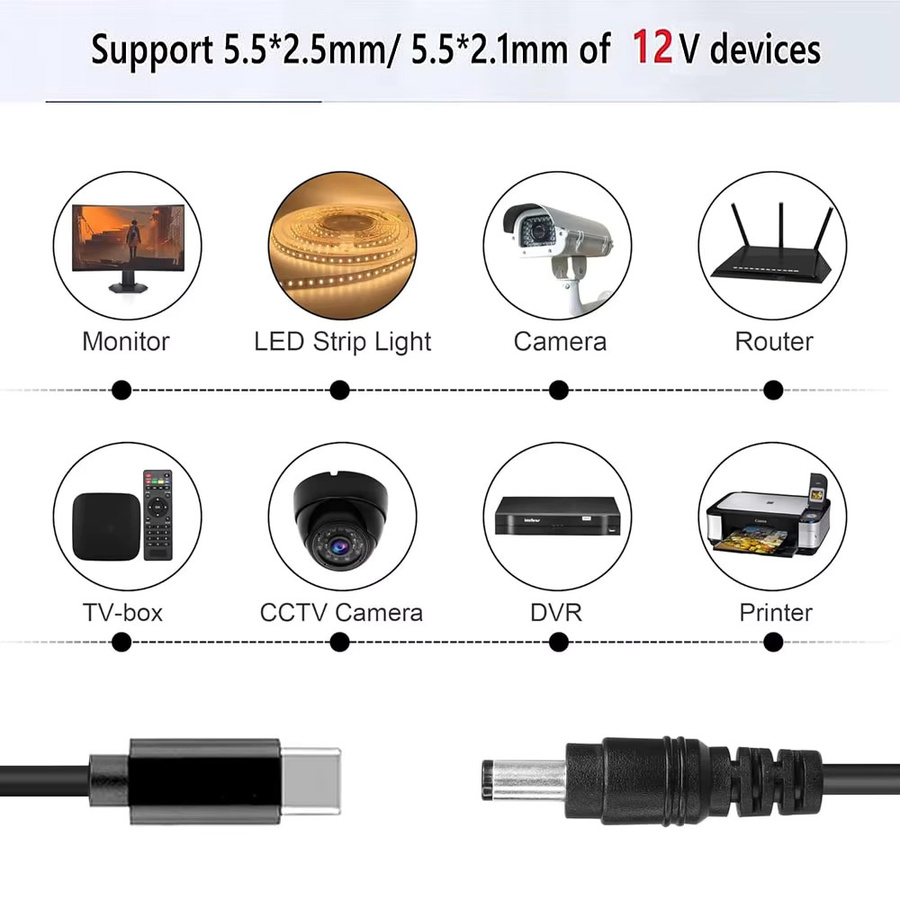 USB-C auf 12 V DC-Klinkenstecker-Adapter Typ C PD-Ladekabel für LCD-Monitore und Radio, Schwarz, Anschlussgröße: 5,5 x 2,5 mm - Bild 3