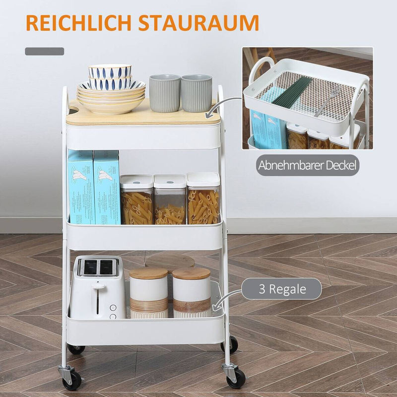 HOMCOM Küchenwagen modern in Weiß aus Stahl, MDF und PP-Kunststoff mit Rollen, B/T/H: 45 x 31 x 79,4 cm - Bild 2