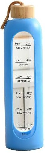 HongYunDangTou Glaswasserflasche in Himmelblau mit 1 Liter Fassungsvermögen, Trinkflasche mit Zeitmarkierung und Silikonhülle - Bild 1