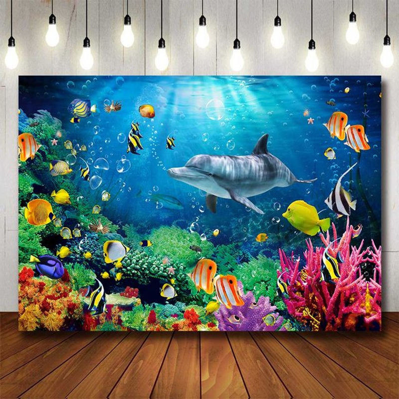 Bonvvie Unterwasser Welt Fotohintergrund mit Delphin, Korallen und Algen in Blau für Kindergeburtstag und maritime Dekoration - Bild 1