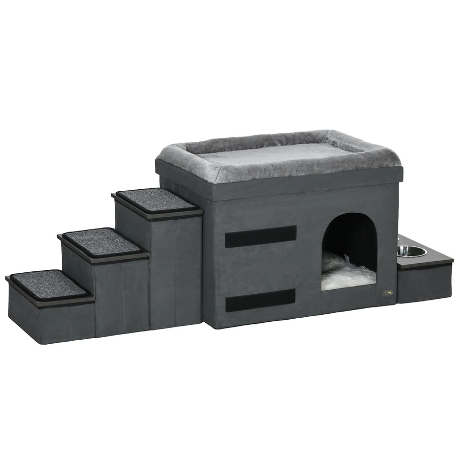 PawHut Katzenhöhle mit Treppe und 2 Edelstahlnäpfen in Grau, B/H/T: 50 x 70 x 51,5 cm - Bild 2