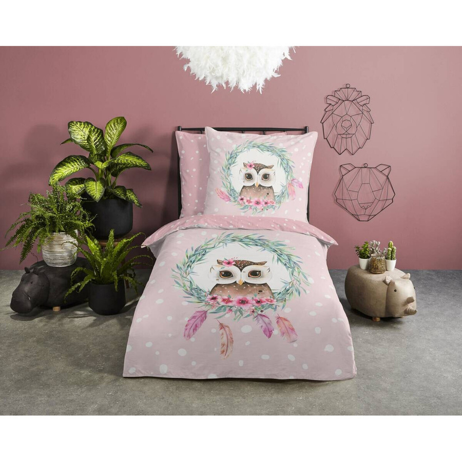 Good Morning Baumwoll Bettwäsche Owli Pink mit Sternen und Tieren, B/L: 135 x 200 cm und 80 x 80 cm - Bild 2