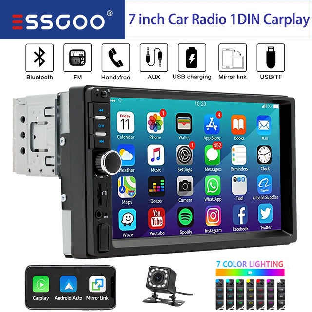ESSGOO Universal Autoradio mit 7 Zoll HD Touchscreen, Carplay und Android Auto, Bluetooth, USB, AUX und TF-Kartenslot, Schwarz - Bild 1