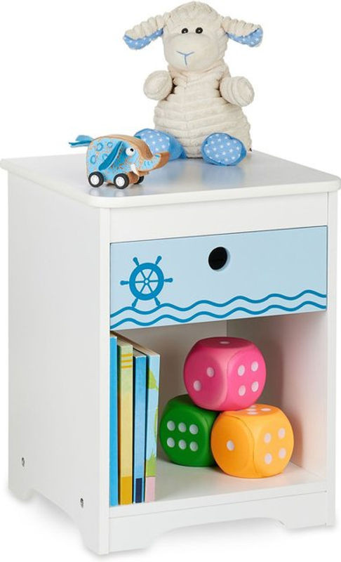 Relaxdays Kinder Nachttisch im maritimen Seemann-Design mit Schublade und Staufach, Weiß/Blau, H x B x T: 41 x 32 x 31 cm - Bild 1