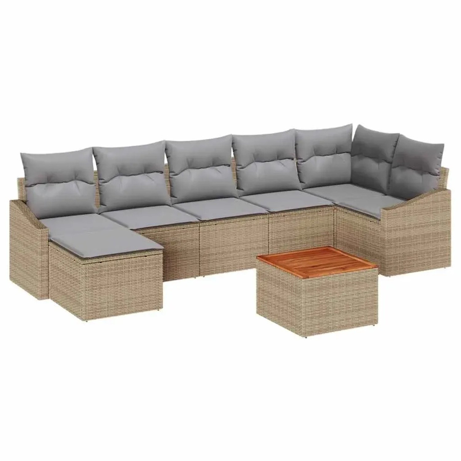 vidaXL Garten-Sofa-Set 8-teilig in Beige und Hellgrau, modernes L-Shape Poly-Rattan-Set mit Tisch, Hocker und Polstern aus Akazienholz und pulverbeschichtetem Stahl - Bild 2