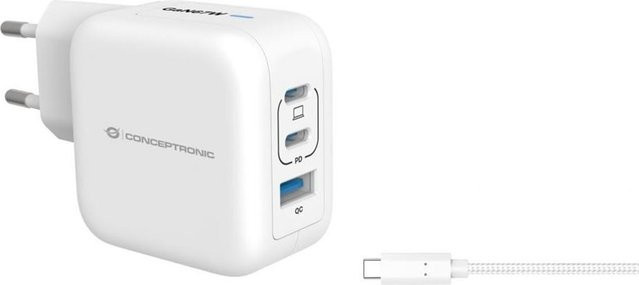 Conceptronic 3-in-1 Ladegerät 67W mit 2x USB-C und 1x USB-A in Weiß - Bild 1