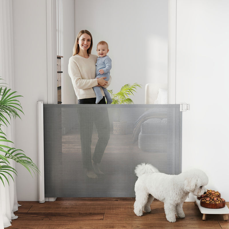 PawHut Türschutzgitter als ausziehbare Sicherheitstrennwand für Hunde und Kinder, Grau, Breite: 115 cm, Höhe: 82,5 cm - Bild 2
