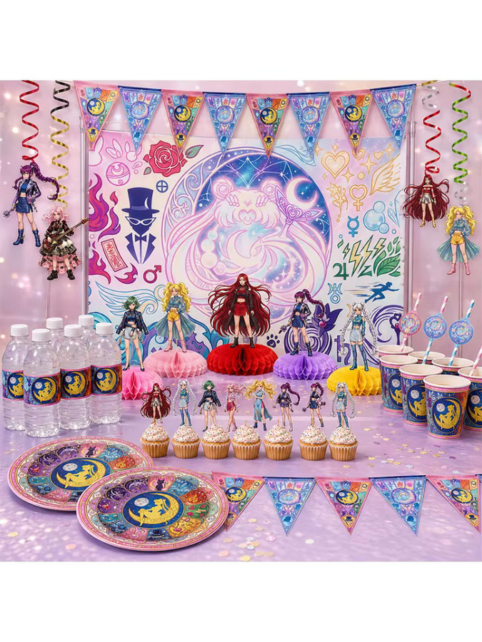 Sailor Moon Einweggeschirr-Set aus Kunststoff mit Cartoon-Muster in Mehrfarbig - Bild 2