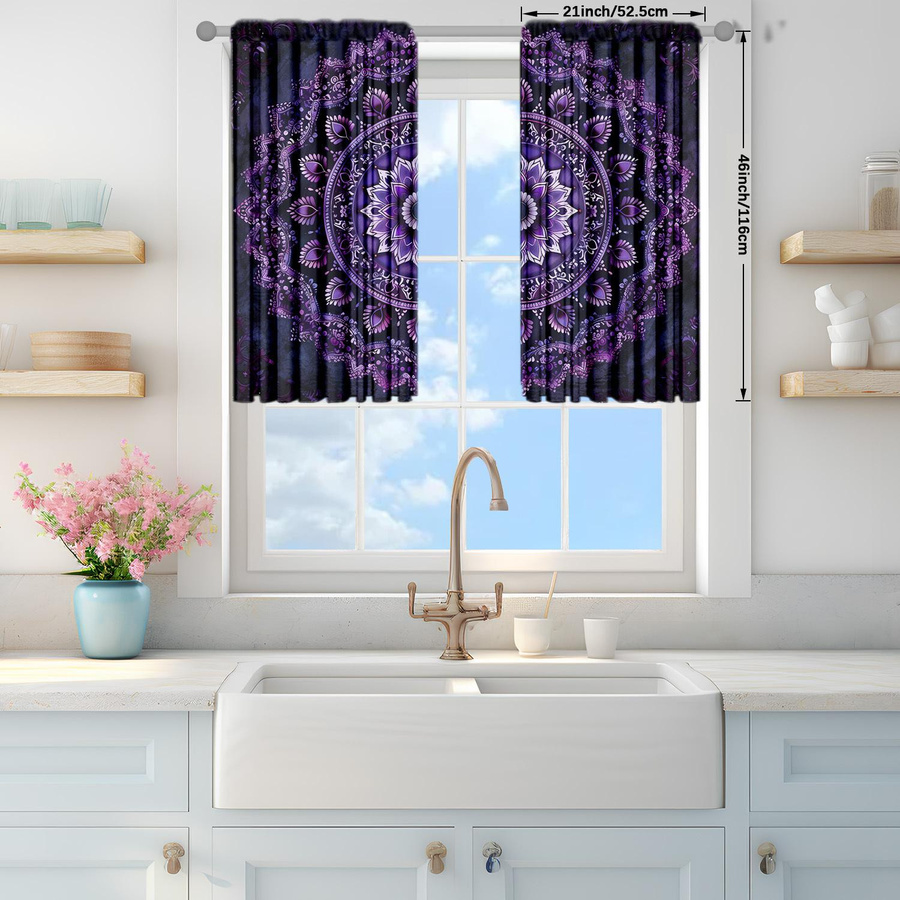 2er-Set Mandala Vorhang von Household supplies MH in Lila und Schwarz, halbtransparent mit Stangentasche, B: 52,5 cm, H: 116 cm - Bild 3