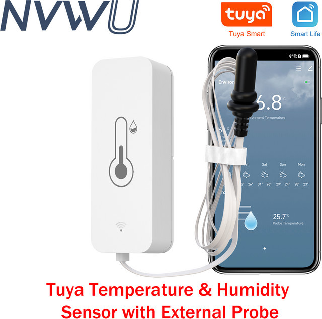 Tuya WiFi Zigbee Temperatur und Feuchtigkeit Sensor mit externer Sonde in Weiß für Smart Home App Überwachung von Aquarium und Weingut - Bild 1