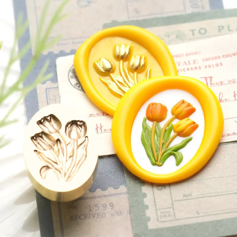 3D-Blumen-Wachssiegelstempel mit Motiven wie Löwenzahn, Lilie, Rose und Iris in Gelb für dein DIY-Scrapbooking und Hochzeitseinladungen - Bild 1