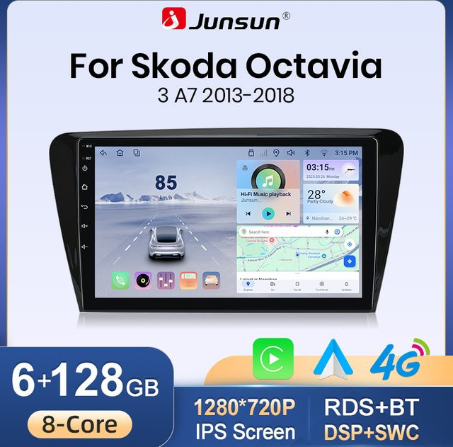 Junsun Kabelloses Apple CarPlay und Android Auto Autoradio für Skoda Octavia A7 2013-2018 mit 10.0 Zoll IPS-Touchscreen, GPS-Navigation, Bluetooth, WiFi und DSP, Farbe: Schwarz - Bild 1