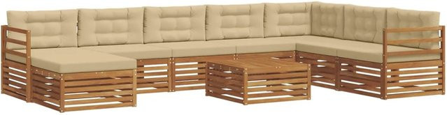 vidaXL Sofagarnitur 9-teilig aus Akazien-Massivholz in Natur und Beige mit UV-beständigen Polstern und Armlehnen - Bild 1