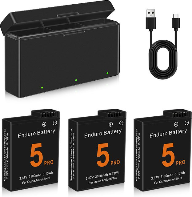 DJI Akku Set für Osmo Action 5 Pro, 4 und 3 mit 3-Slot-Schnellladegerät, Schwarz, 2100 mAh - Bild 1