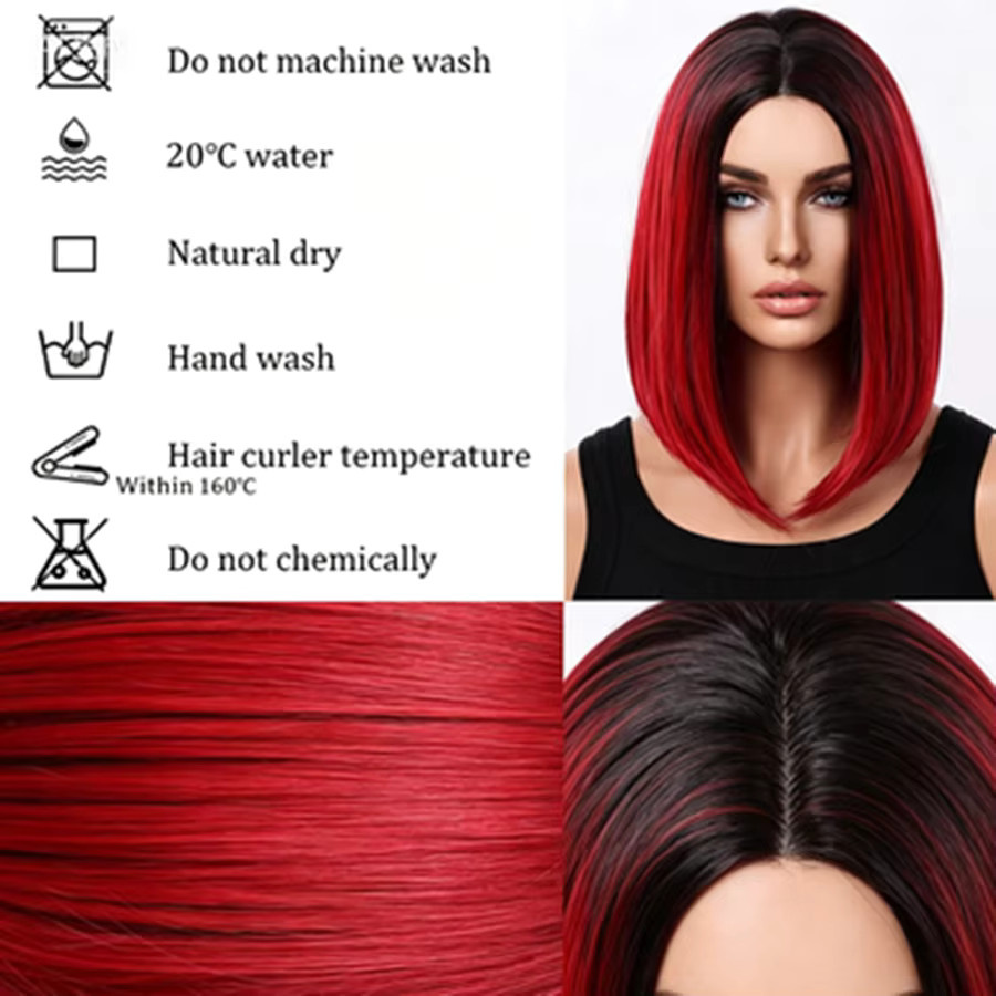 WENYAN Bob-Perücke, 14 Zoll, Burgunderrot, Gestuft, Synthetisch, Damen - Bild 3