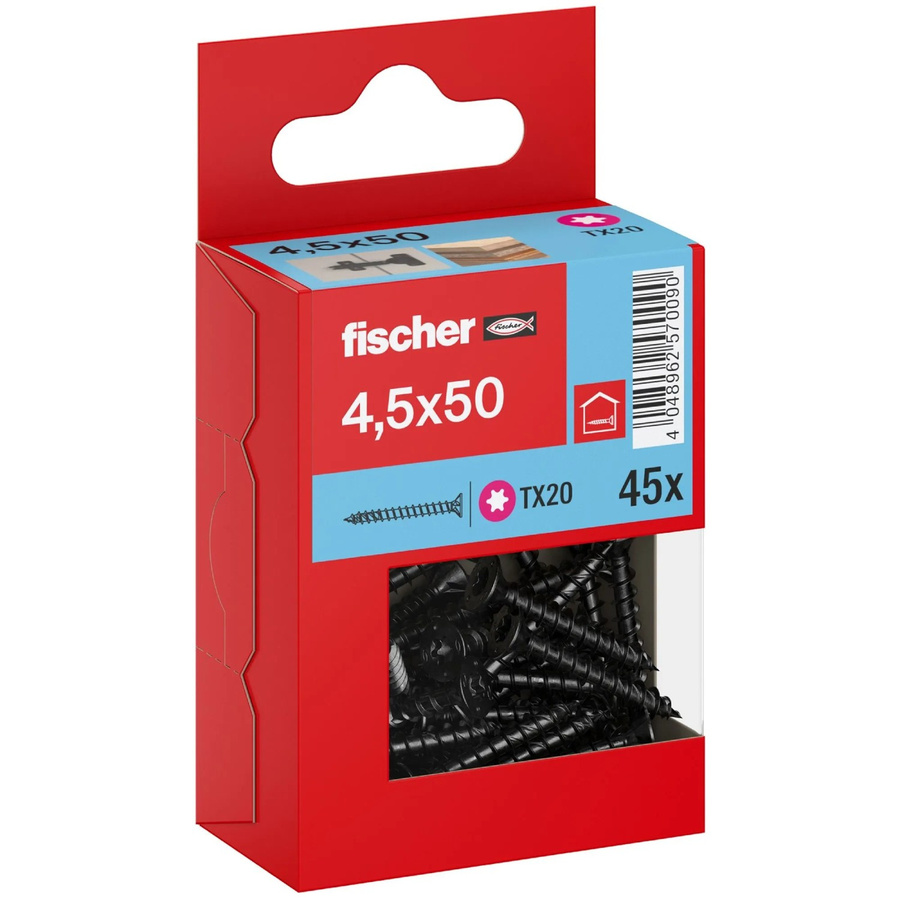Fischer PowerFast II Senkkopf Schraube mit Vollgewinde und Torx-Antrieb, Farbe Schwarz, Durchmesser: 4,5 mm, Länge: 50 mm, 45 Stück - Bild 2