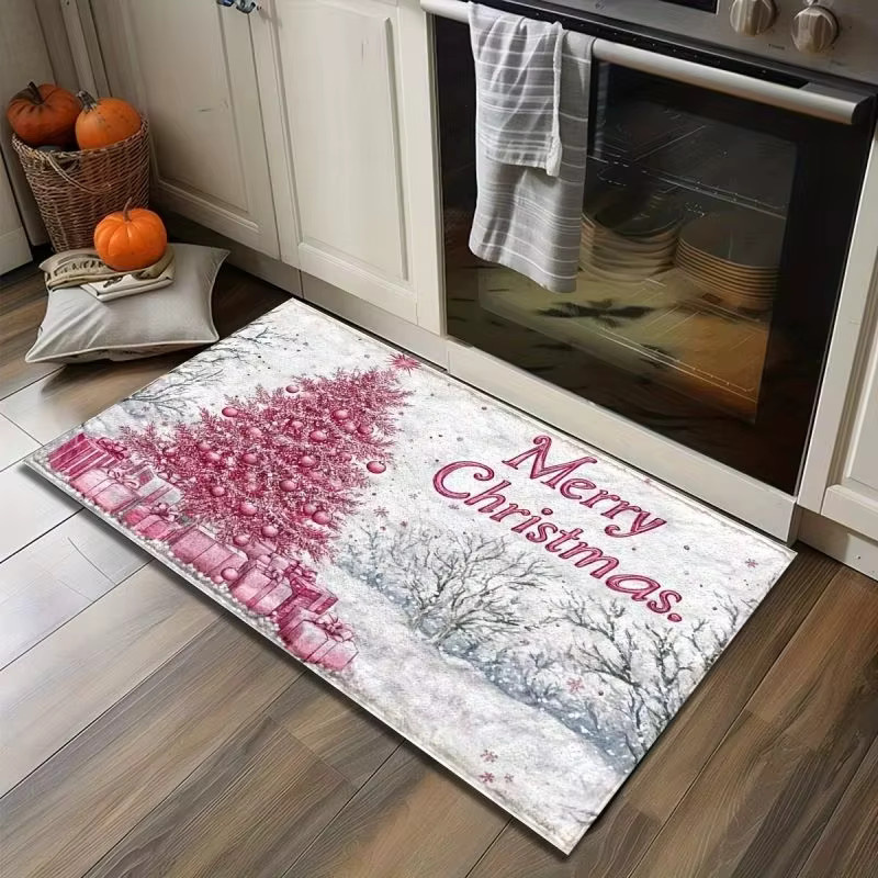 VIKAMA Weihnachts-Teppich mit Schnee- und Weihnachtsbaum-Muster in Pink für Wohnzimmer und Eingangsbereich - Bild 3