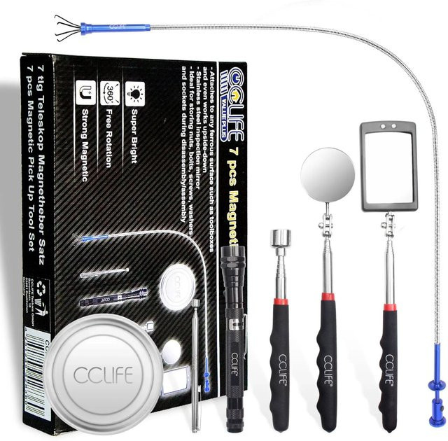 CCLIFE 7-teiliges Pick Up Tool Set mit Magnet, Teleskop-Krallengreifer und LED-Spiegel - Bild 1