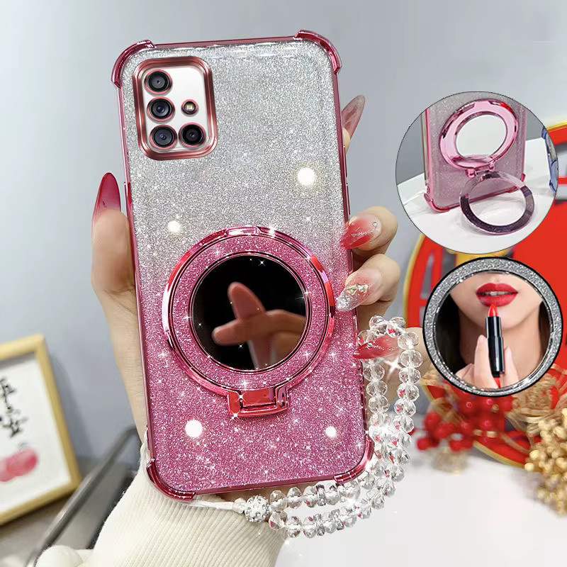 Stoßfeste Samsung Galaxy A71 Handyhülle in Pink mit Glitzer-Effekt, Spiegelständer und Perlenarmband - Bild 1