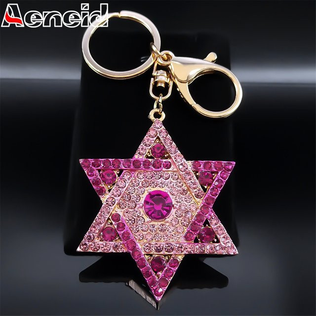 AFAWA Schlüsselanhänger Hexagramm Davidsstern, Rosa Strass, Goldfarben, Unisex - Bild 1