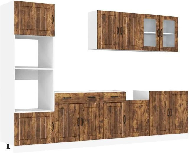 vidaXL Küchenschrank-Set Lucca in Räuchereiche, 7-teiliges freistehendes Küchenmöbel-Set aus Holzwerkstoff mit Glastüren und internen Regalen, Braun - Bild 1