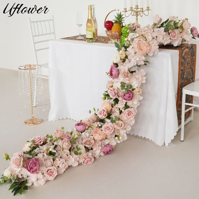 Uflower Künstliche Blumenreihe Rosa Rose und Hortensie für Hochzeit und Party Dekoration, Länge: 200 cm - Bild 1