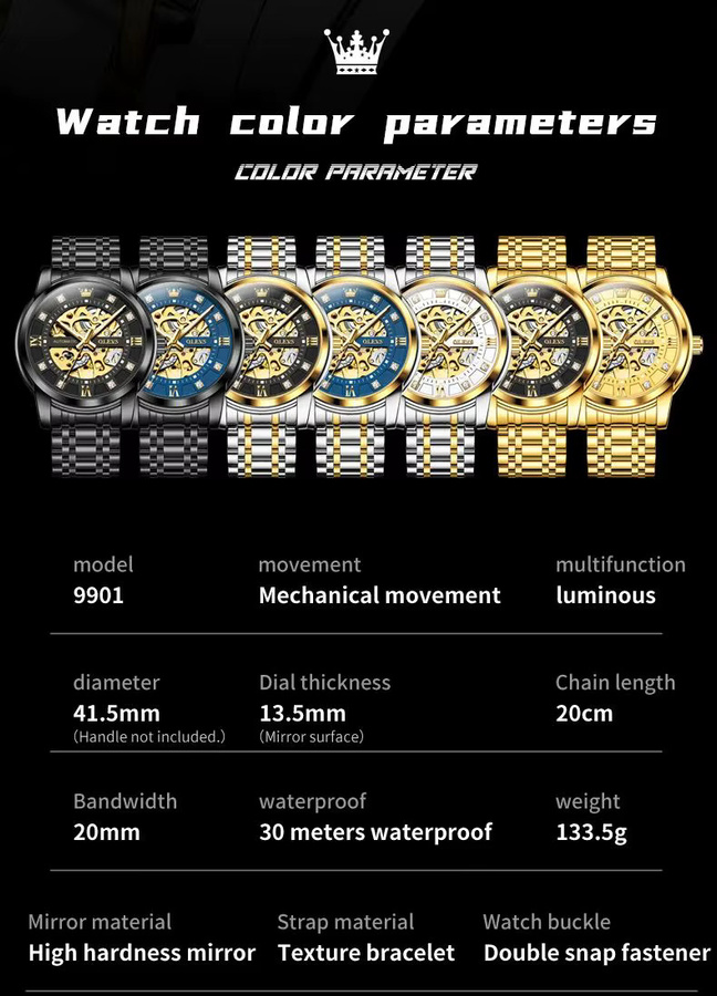 OLEVS Armbanduhr, Automatik, Edelstahl, Bicolor, Schwarz, Herren - Bild 6