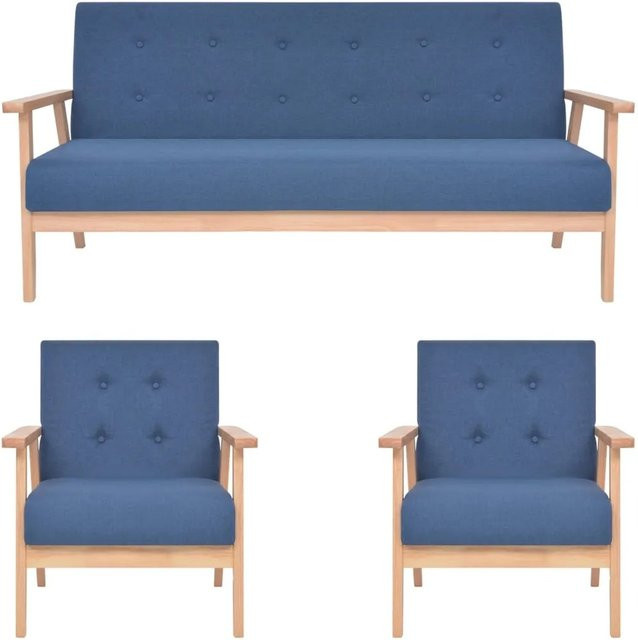 vidaXL 3-teilige Sofagarnitur aus Stoff in Blau mit Holzgestell und Polsterung - Bild 1