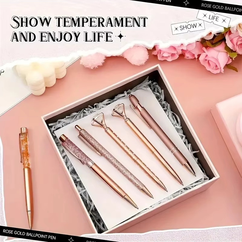8-teiliges Metall-Kugelschreiber-Set von kissbuty in Roségold mit Perlen-Design und Kuntdiamanten für Schule und Büro - Bild 4