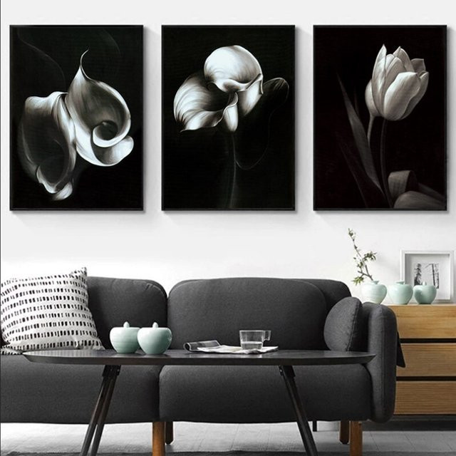 TPFLiving Luxus Poster Leinwand Set mit weißen Blüten auf schwarzem Hintergrund, 3er Set, Breite: 60 cm, Höhe: 80 cm - Bild 1
