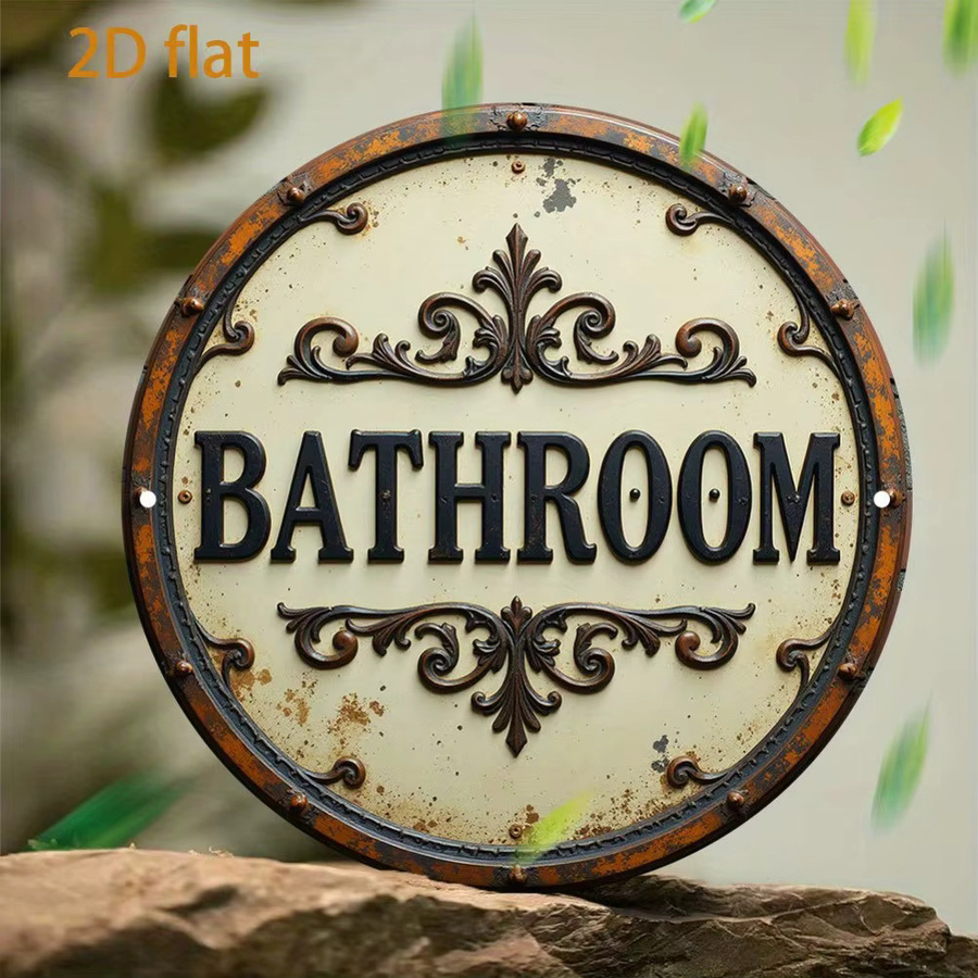 Potdemiel Vintage Badezimmertürschild aus Metall, rundes Wandkunst-Schild in Schwarz mit Bathroom-Schriftzug, Durchmesser: 19,81 cm - Bild 3