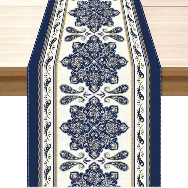 JIT Tischläufer Paisley in Blau und Gold mit Blumenmuster für deine elegante Tischdekoration - Bild 1