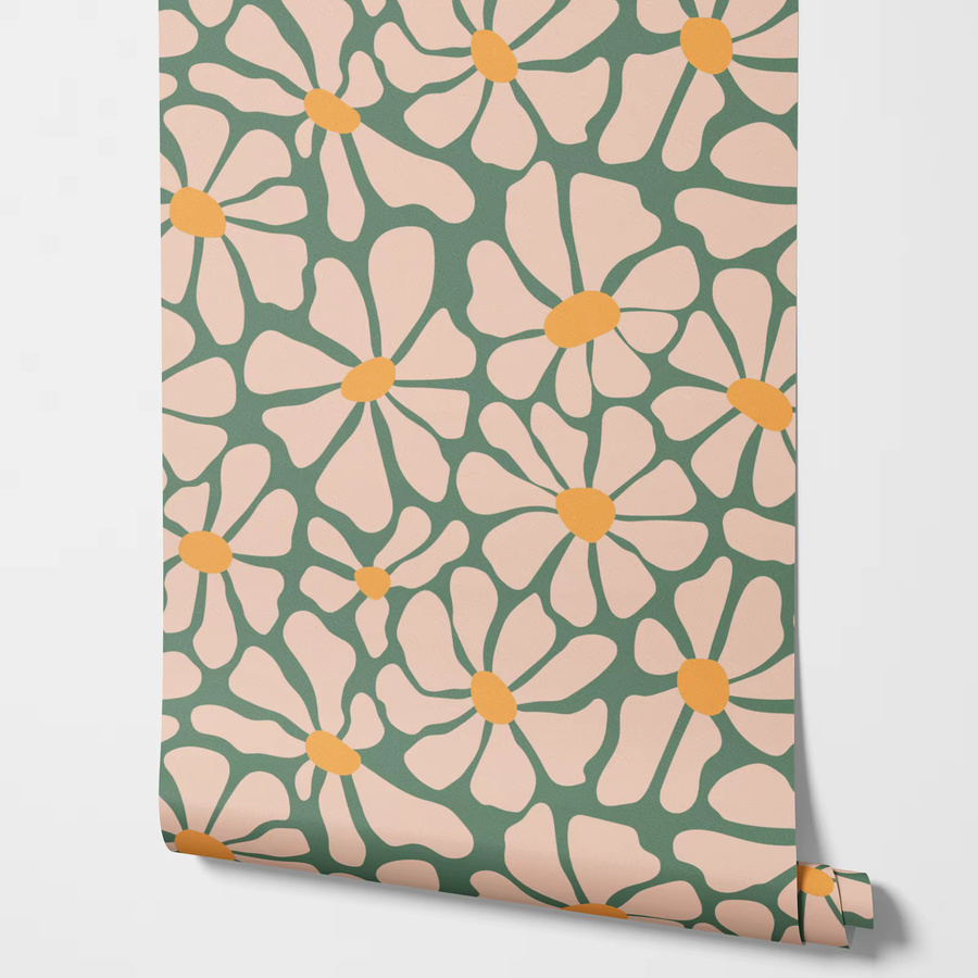 Pixel&Wall Funky Daisy Tapete im Retro-Design mit floralem Blumenmuster in Grün und Orange - Bild 2