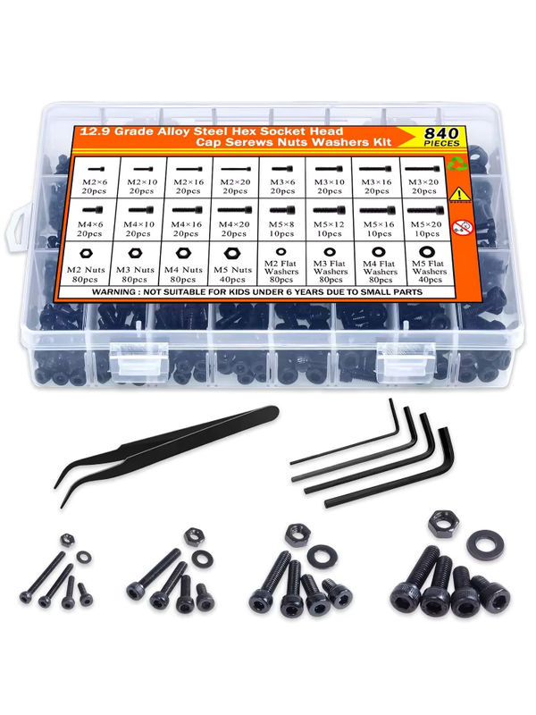 BOVILEVR 840-teiliges Innensechskantschrauben- und Muttern-Set aus legiertem Stahl DIN 912 in Schwarz mit 4 Sechskantschlüsseln und Aufbewahrungsbox - Bild 7