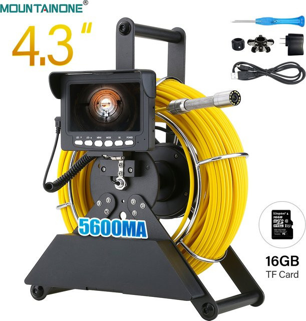 MOUNTAINONE Rioolinspektionskamera mit 4,3 Zoll Monitor, 17 mm und 22 mm Endoskop für Abfluss und Rohrleitungen, Schwarz, inklusive 4500 mAh Akku und 16 GB DVR-Karte - Bild 1