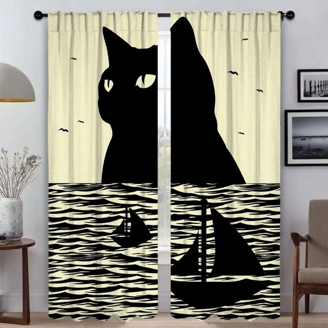 2er-Set Halloween Verdunklungsvorhänge mit Schwarzer Katze Motiv, Moskitonetz-Vorhang für Wohnzimmer, Farbe: Schwarz, Breite: 50 cm, Höhe: 70 cm - Bild 1