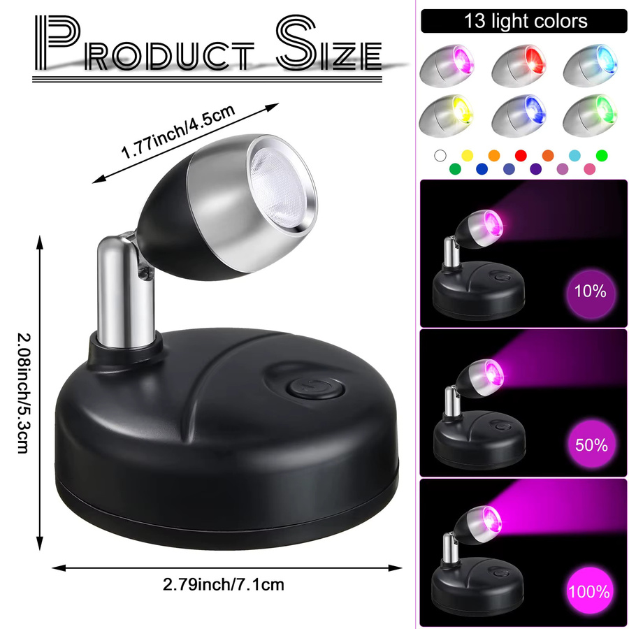KDULIT Batteriebetriebener LED-Strahler für den Innenbereich, kabelloser RGB-Wandstrahler in Schwarz mit 13 Farben und drehbarem Lichtkopf, selbstklebend für Flur und Akzentbeleuchtung - Bild 6