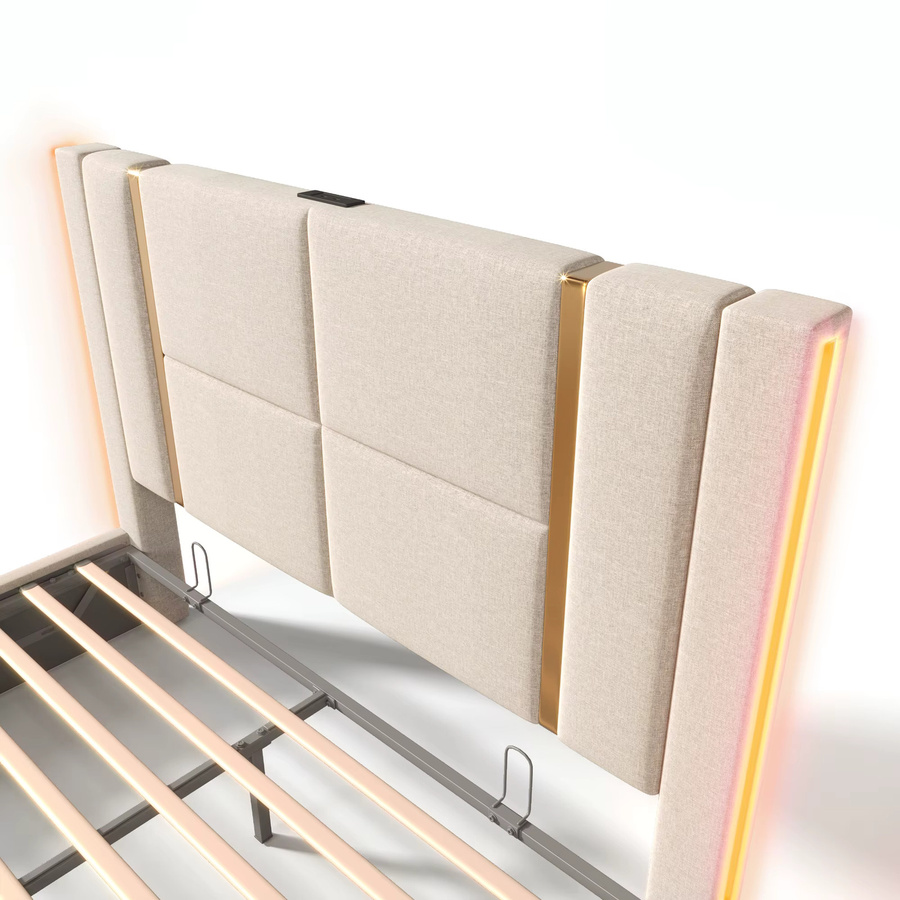 KOMHTOM Doppelbett mit Stauraum und LED-Beleuchtung, Beige, B/T: 180 x 200 cm, mit USB Type C Ladefunktion und App-Steuerung - Bild 4