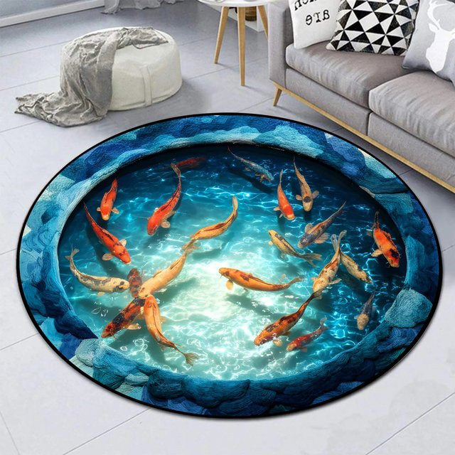 Runder Teppich mit Fisch 3D-Illusionseffekt und rutschfester Bodenmatte in Multicolour für Wohnzimmer, Schlafzimmer oder Badezimmer - Bild 1