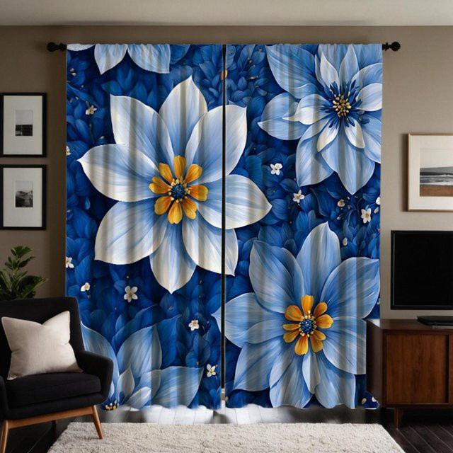 2er-Set Dekovorhang mit blauem Sonnenblumen-Print, semi-transparent und floral, Farbe: Blau, B: 132 cm, H: 160 cm - Bild 1
