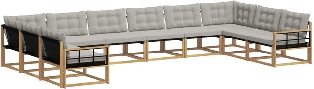 vidaXL Outdoor-Sofagarnitur aus Akazienholz in U-Form mit Textilene-Bezug und Kissen, 10-teilig, Weiß-Hellgrau - Bild 1