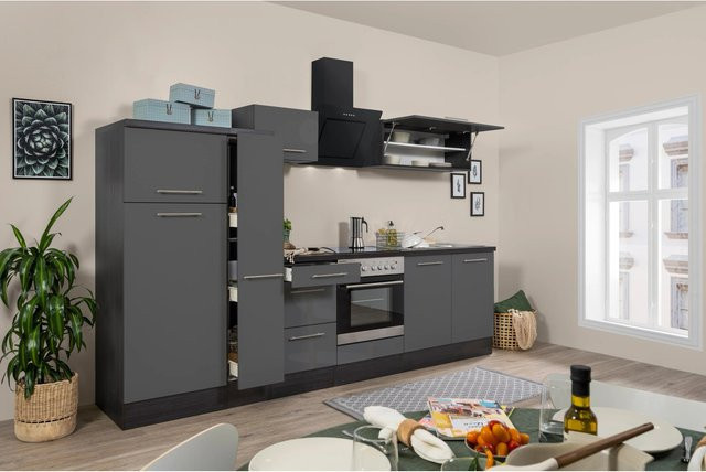 Respekta Premium Küchenzeile modern in Grau Hochglanz-Eiche mit Soft-Close-Türen und Schubladen, Breite: 300 cm - Bild 1