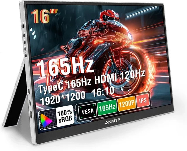 Anmite Portabler 16 Zoll Monitor mit 144Hz, 1920x1200 Auflösung, 100% sRGB und 300 cd/m² Helligkeit für Laptops und Mobiltelefone - Bild 1